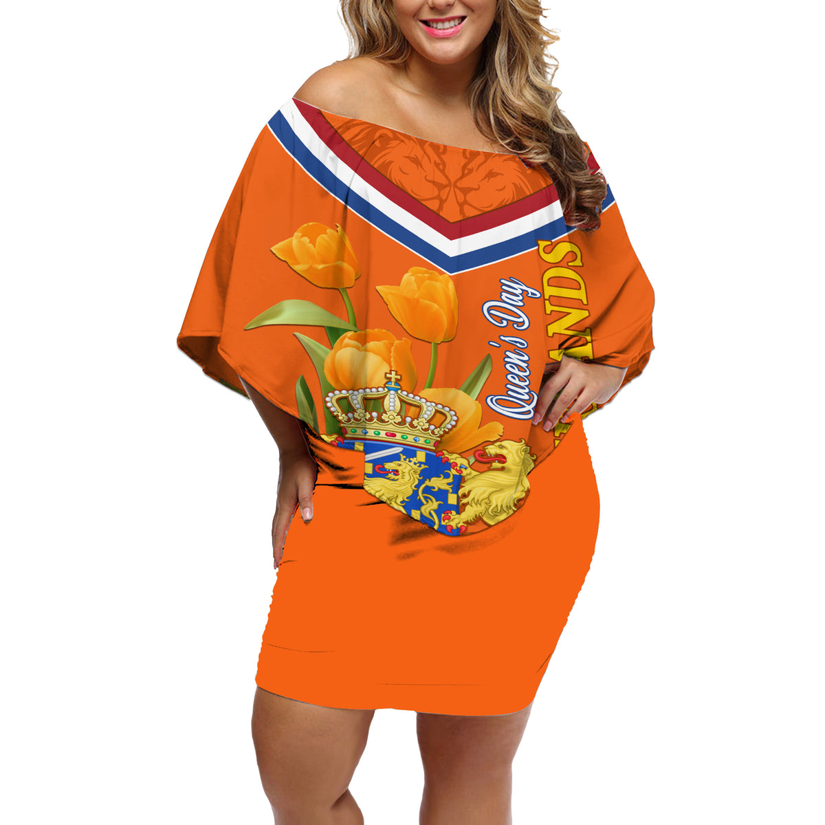 Netherlands Queen Day 2024 Off Shoulder Short Dress Nederland Koningsdag Orange Tulips - Wonder Print Shop