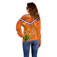 Netherlands Queen Day 2024 Off Shoulder Sweater Nederland Koningsdag Orange Tulips - Wonder Print Shop