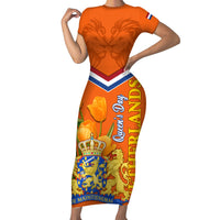 Netherlands Queen Day 2024 Short Sleeve Bodycon Dress Nederland Koningsdag Orange Tulips - Wonder Print Shop
