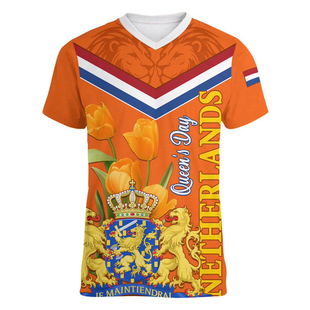 Netherlands Queen Day 2024 Women V Neck T Shirt Nederland Koningsdag Orange Tulips - Wonder Print Shop