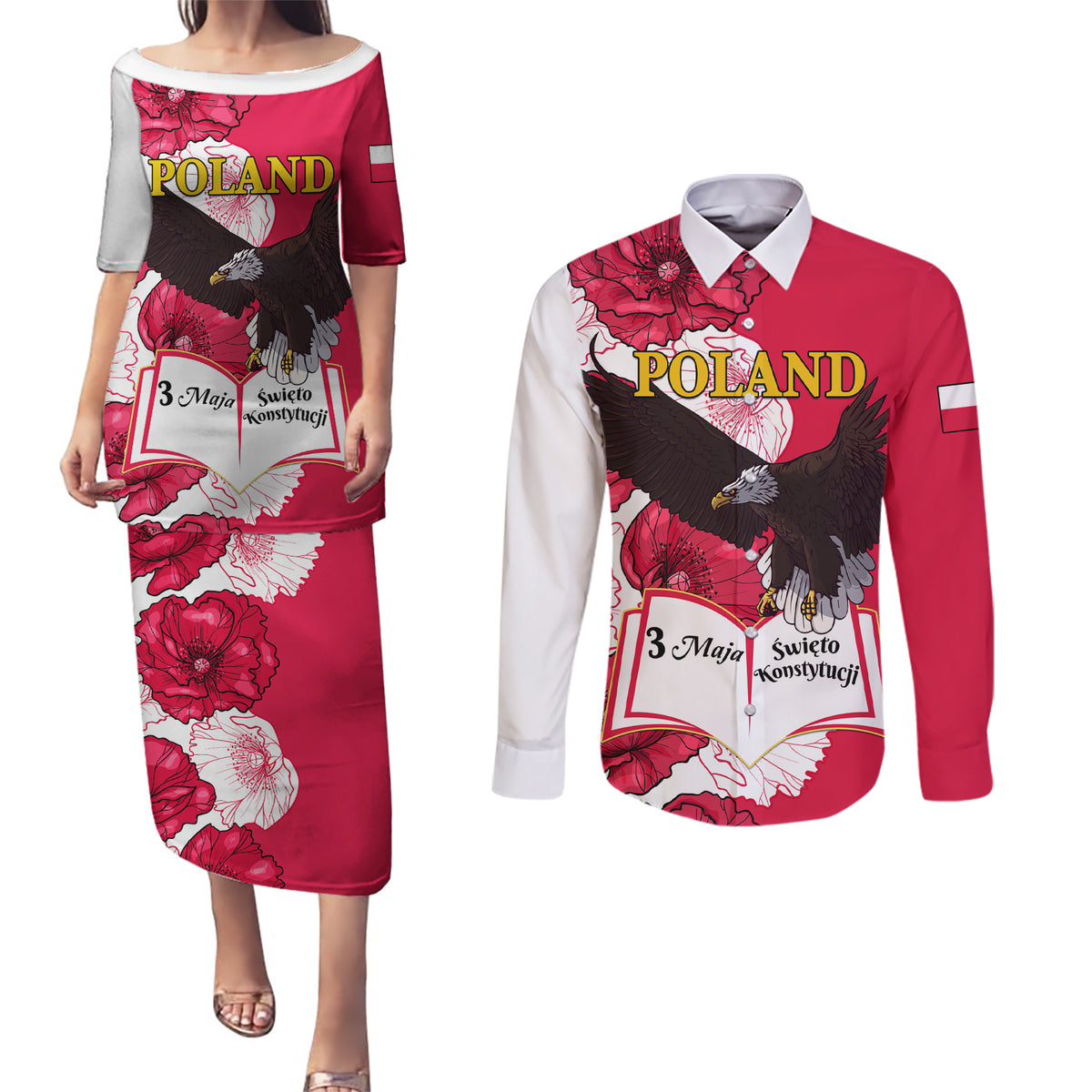 Poland Constitution Day 2024 Couples Matching Puletasi and Long Sleeve Button Shirt Polska Swieto Konstytucji 3 Maja - Wonder Print Shop