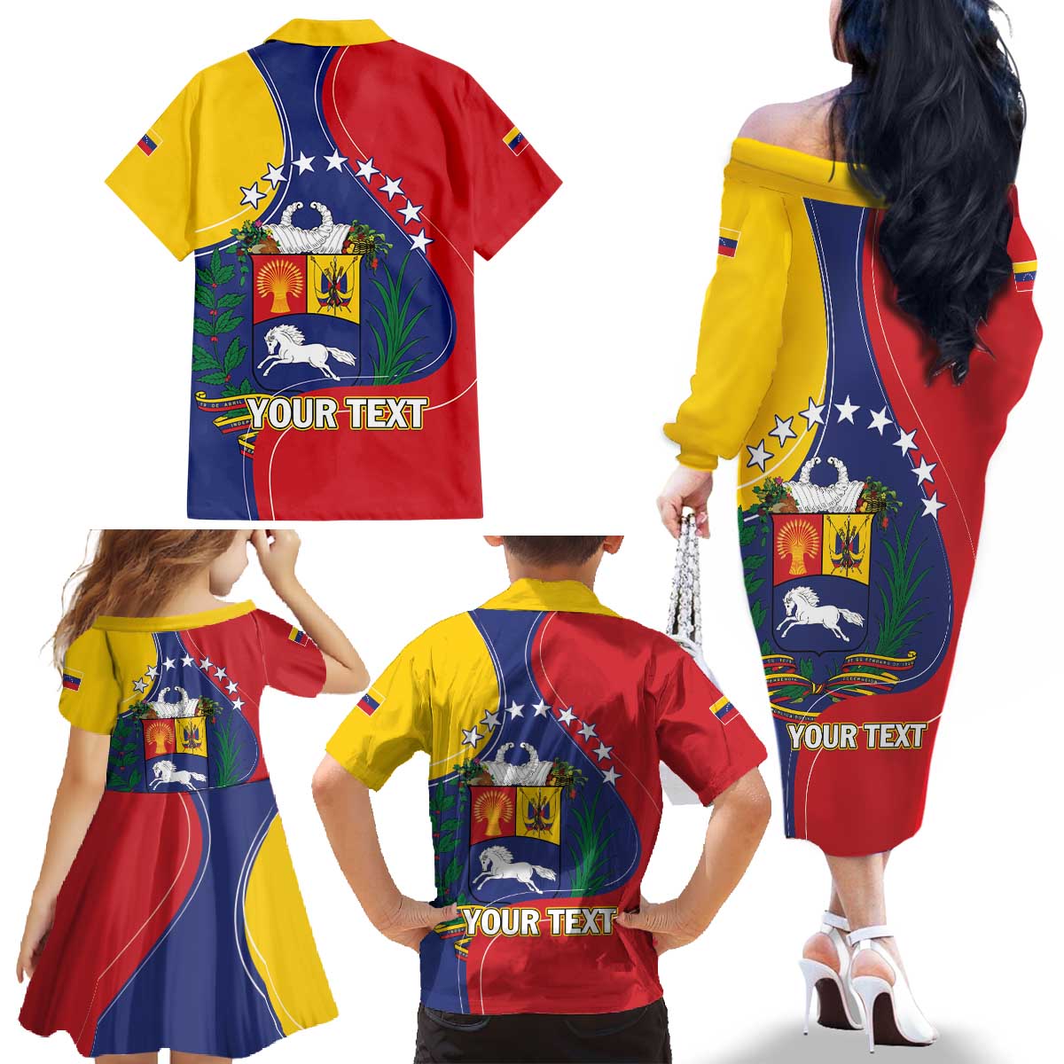 Personalized Venezuela Family Matching Off The Shoulder Long Sleeve Dress and Hawaiian Shirt Coat Of Arms Curve Style