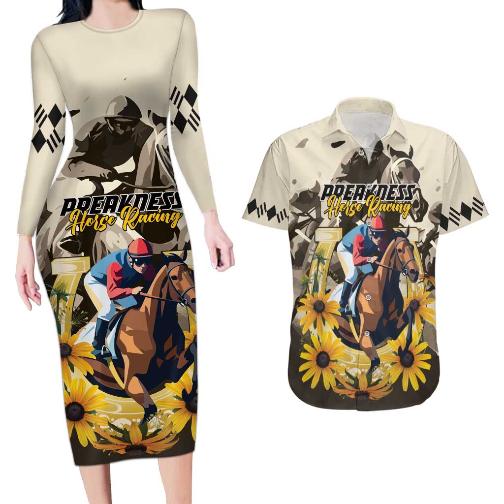 Personalized Preakness Horse Racing Couples Matching Long Sleeve Bodycon Dress and Hawaiian Shirt Middle Jewel