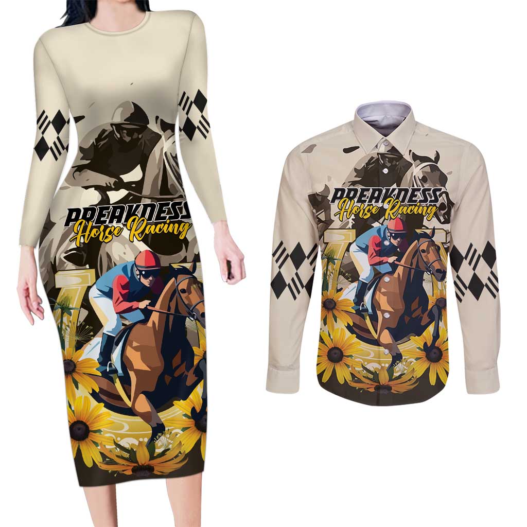 Personalized Preakness Horse Racing Couples Matching Long Sleeve Bodycon Dress and Long Sleeve Button Shirt Middle Jewel