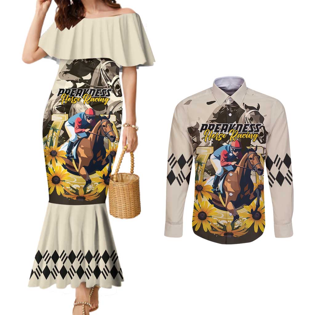 Personalized Preakness Horse Racing Couples Matching Mermaid Dress and Long Sleeve Button Shirt Middle Jewel