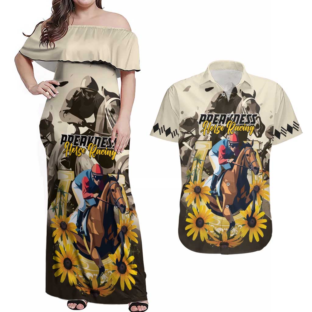 Personalized Preakness Horse Racing Couples Matching Off Shoulder Maxi Dress and Hawaiian Shirt Middle Jewel