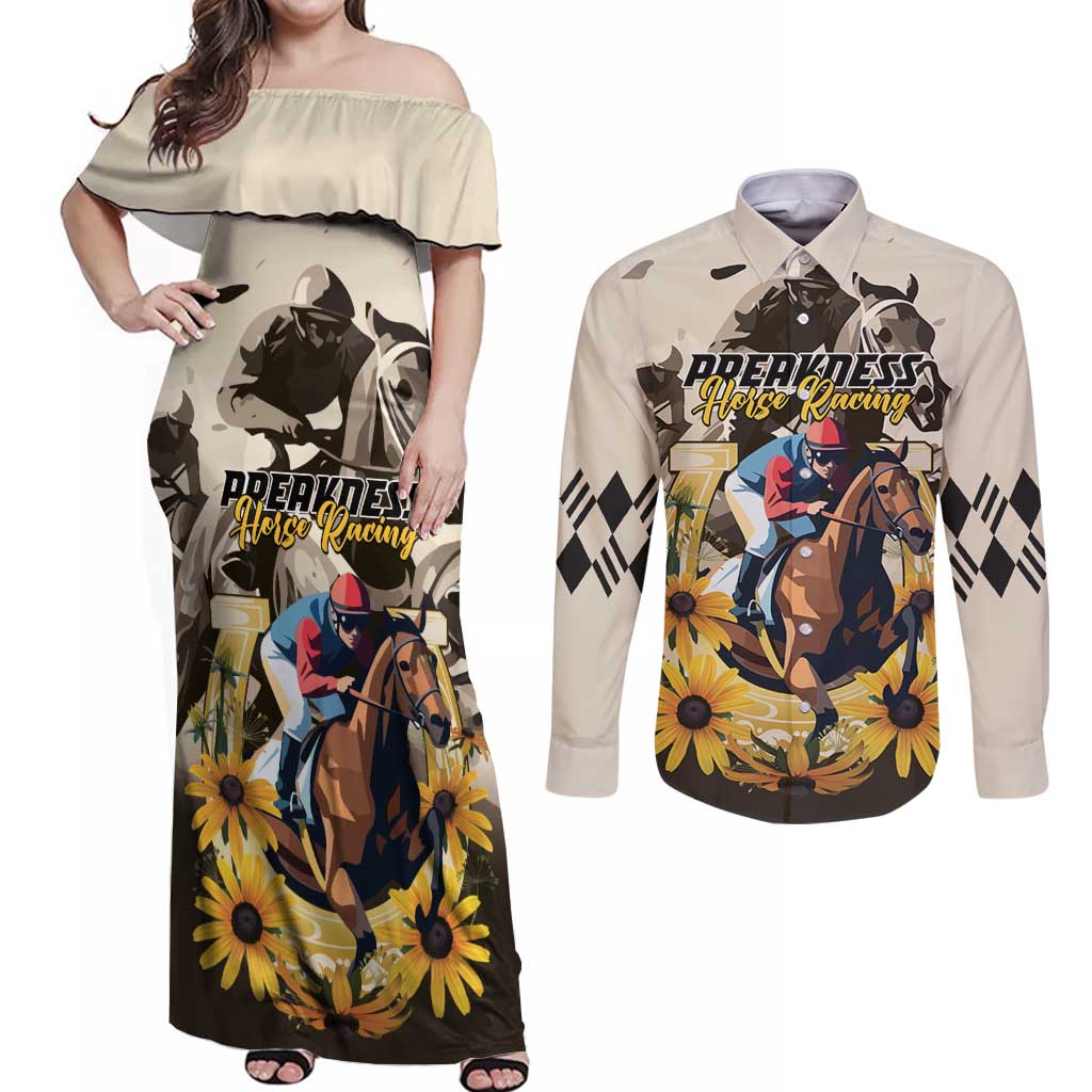 Personalized Preakness Horse Racing Couples Matching Off Shoulder Maxi Dress and Long Sleeve Button Shirt Middle Jewel