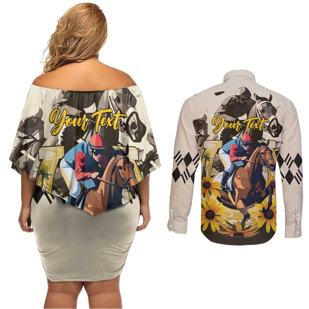 Personalized Preakness Horse Racing Couples Matching Off Shoulder Short Dress and Long Sleeve Button Shirt Middle Jewel