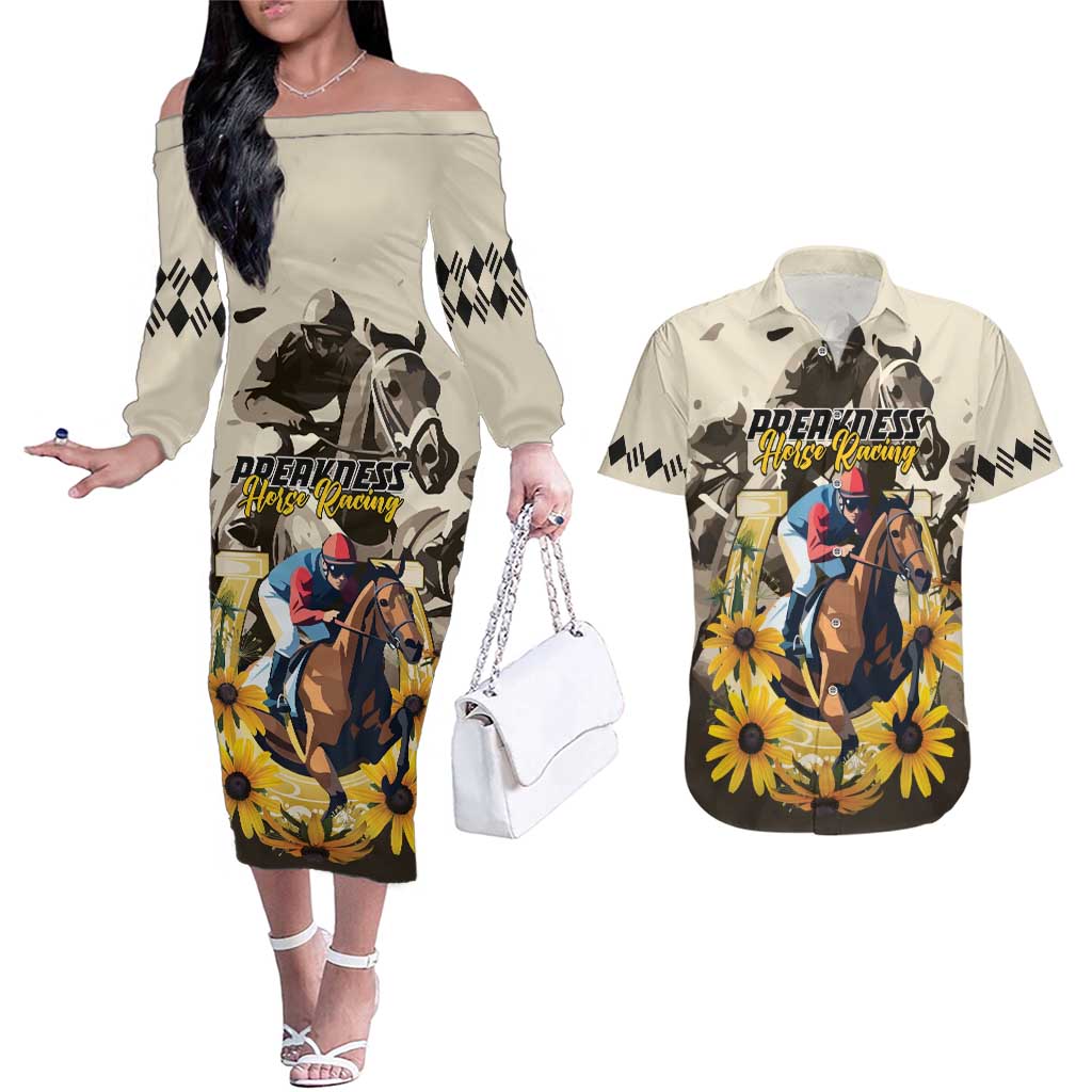 Personalized Preakness Horse Racing Couples Matching Off The Shoulder Long Sleeve Dress and Hawaiian Shirt Middle Jewel