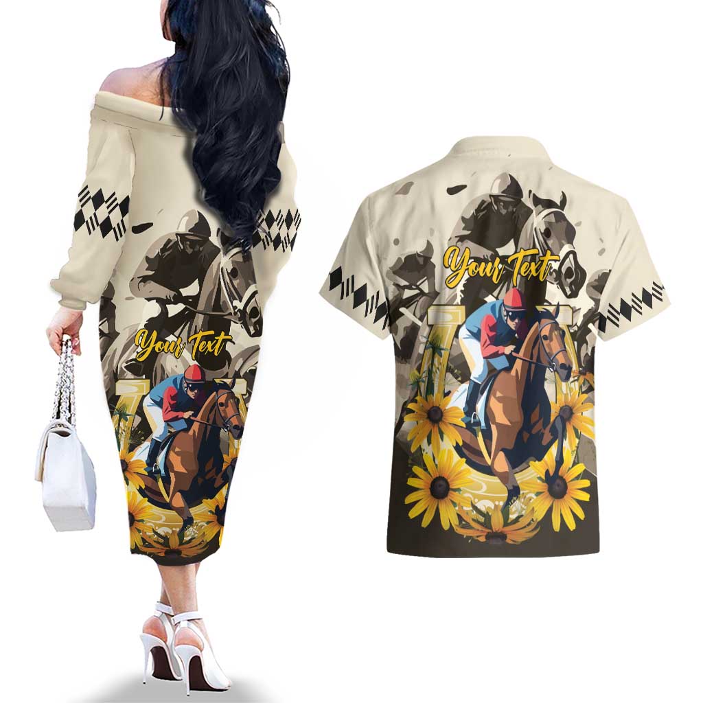 Personalized Preakness Horse Racing Couples Matching Off The Shoulder Long Sleeve Dress and Hawaiian Shirt Middle Jewel