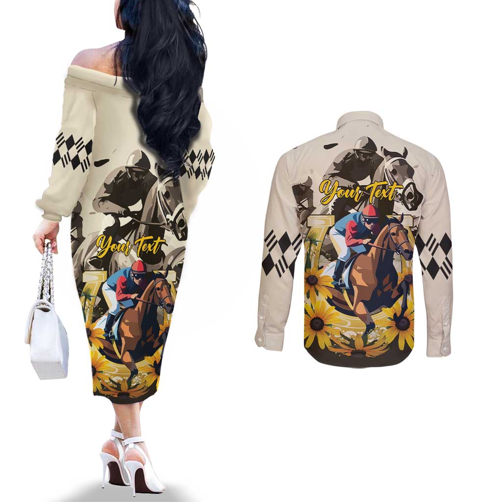 Personalized Preakness Horse Racing Couples Matching Off The Shoulder Long Sleeve Dress and Long Sleeve Button Shirt Middle Jewel