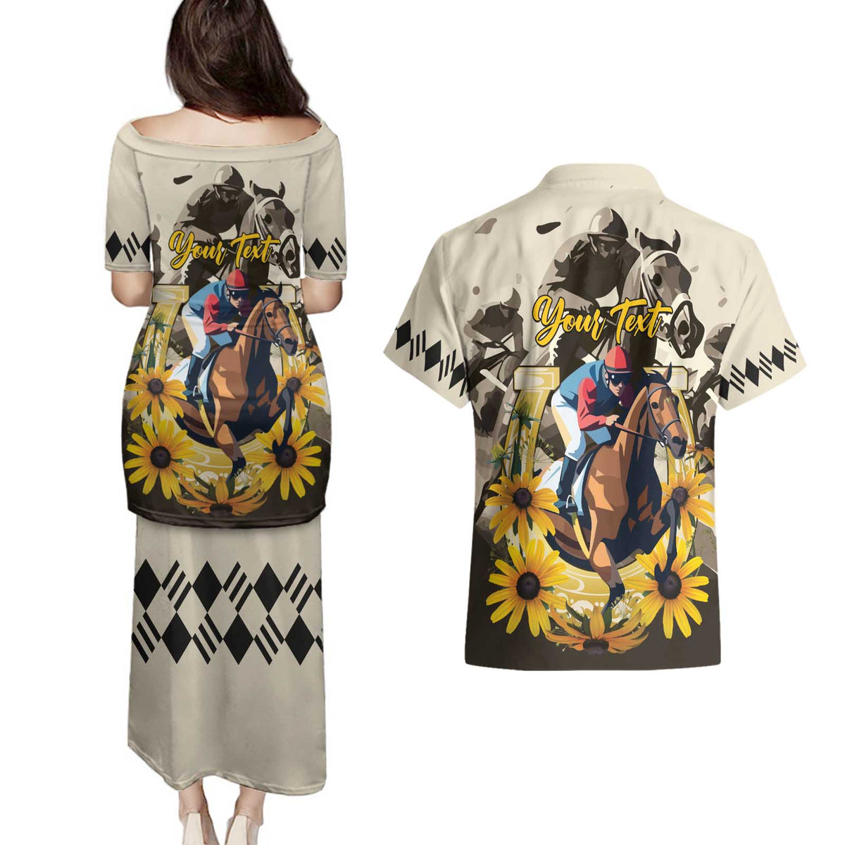 Personalized Preakness Horse Racing Couples Matching Puletasi and Hawaiian Shirt Middle Jewel