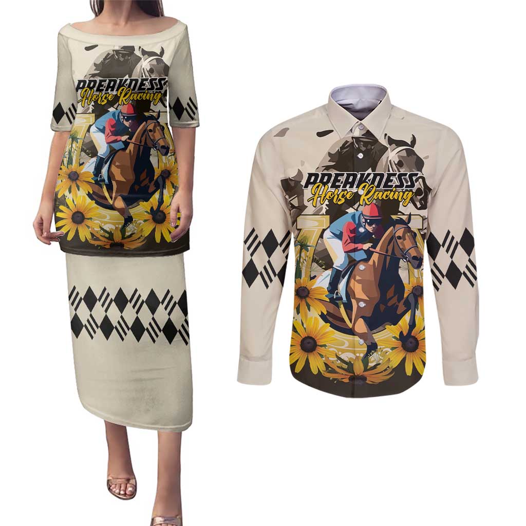 Personalized Preakness Horse Racing Couples Matching Puletasi and Long Sleeve Button Shirt Middle Jewel