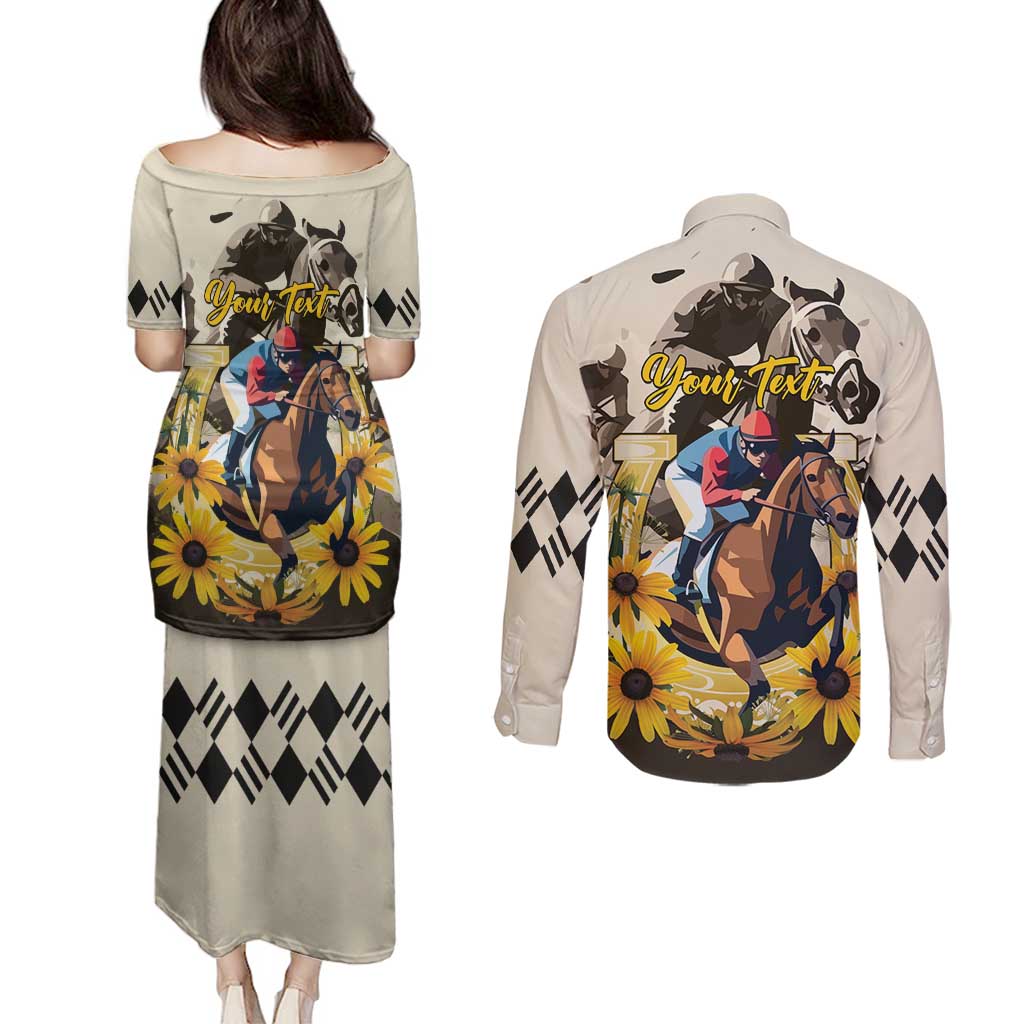 Personalized Preakness Horse Racing Couples Matching Puletasi and Long Sleeve Button Shirt Middle Jewel