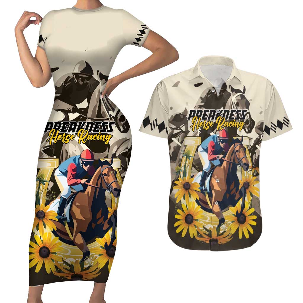 Personalized Preakness Horse Racing Couples Matching Short Sleeve Bodycon Dress and Hawaiian Shirt Middle Jewel