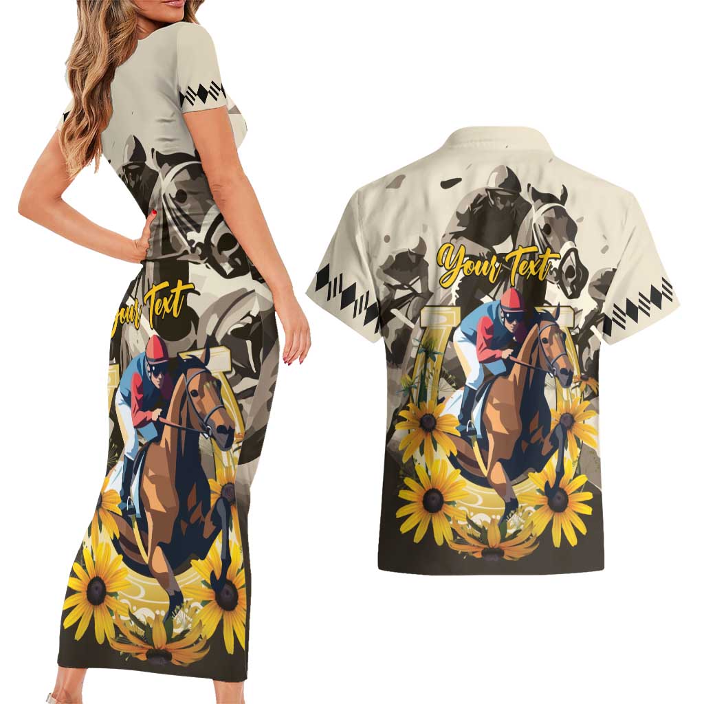 Personalized Preakness Horse Racing Couples Matching Short Sleeve Bodycon Dress and Hawaiian Shirt Middle Jewel