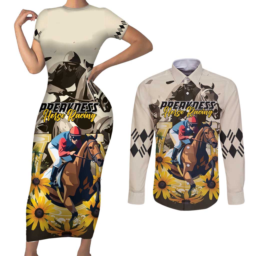 Personalized Preakness Horse Racing Couples Matching Short Sleeve Bodycon Dress and Long Sleeve Button Shirt Middle Jewel