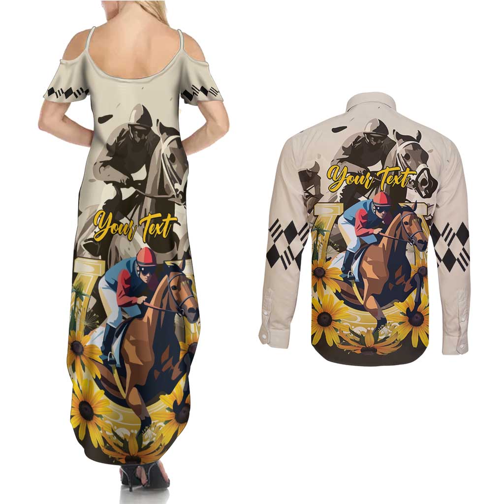 Personalized Preakness Horse Racing Couples Matching Summer Maxi Dress and Long Sleeve Button Shirt Middle Jewel