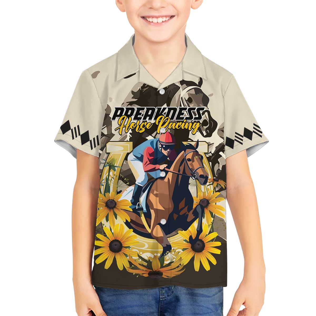 Personalized Preakness Horse Racing Family Matching Off The Shoulder Long Sleeve Dress and Hawaiian Shirt Middle Jewel