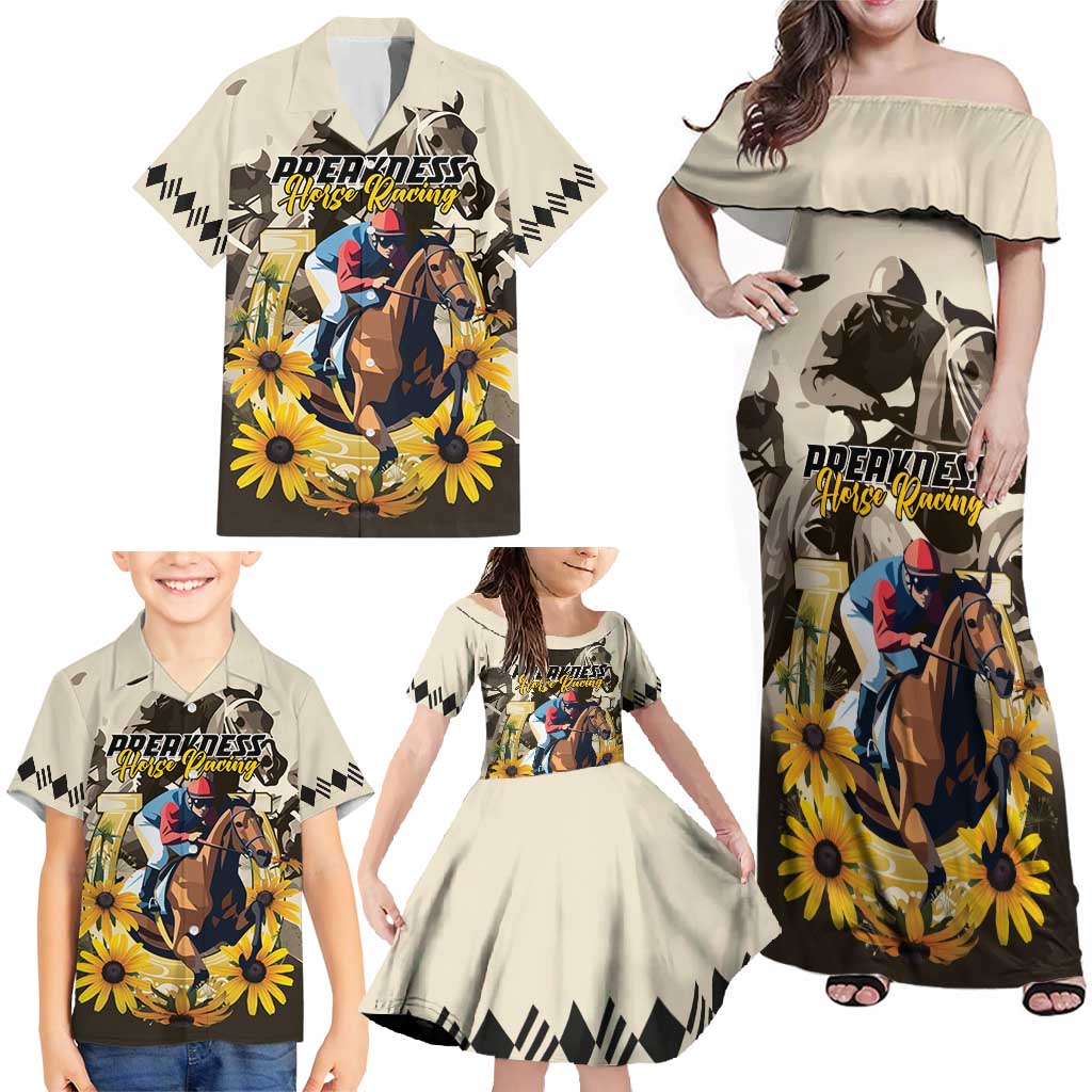 Personalized Preakness Horse Racing Family Matching Off Shoulder Maxi Dress and Hawaiian Shirt Middle Jewel