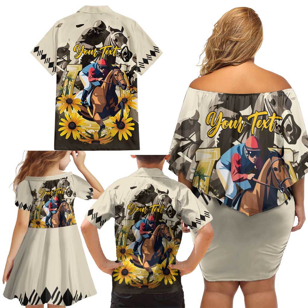 Personalized Preakness Horse Racing Family Matching Off Shoulder Short Dress and Hawaiian Shirt Middle Jewel