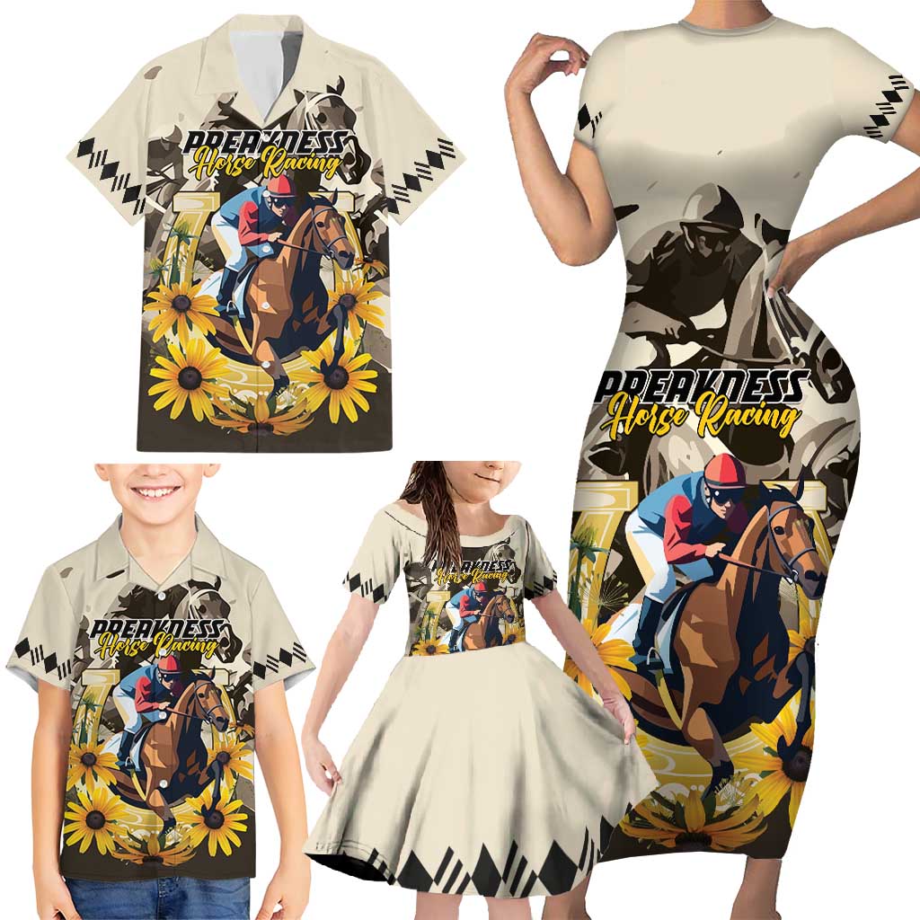 Personalized Preakness Horse Racing Family Matching Short Sleeve Bodycon Dress and Hawaiian Shirt Middle Jewel