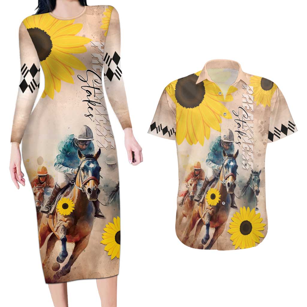 Personalized Preakness Horse Racing Couples Matching Long Sleeve Bodycon Dress and Hawaiian Shirt Run for the Black Eyed Susans