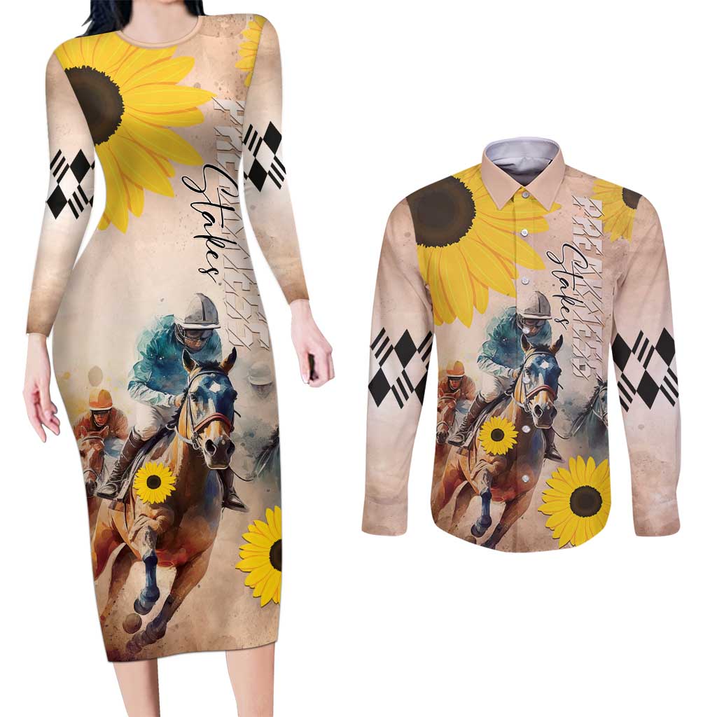Personalized Preakness Horse Racing Couples Matching Long Sleeve Bodycon Dress and Long Sleeve Button Shirt Run for the Black Eyed Susans