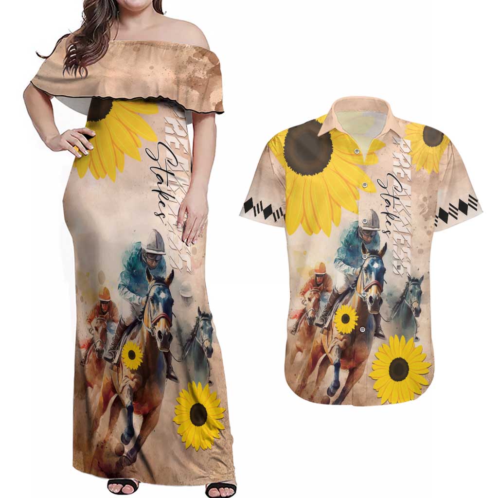 Personalized Preakness Horse Racing Couples Matching Off Shoulder Maxi Dress and Hawaiian Shirt Run for the Black Eyed Susans