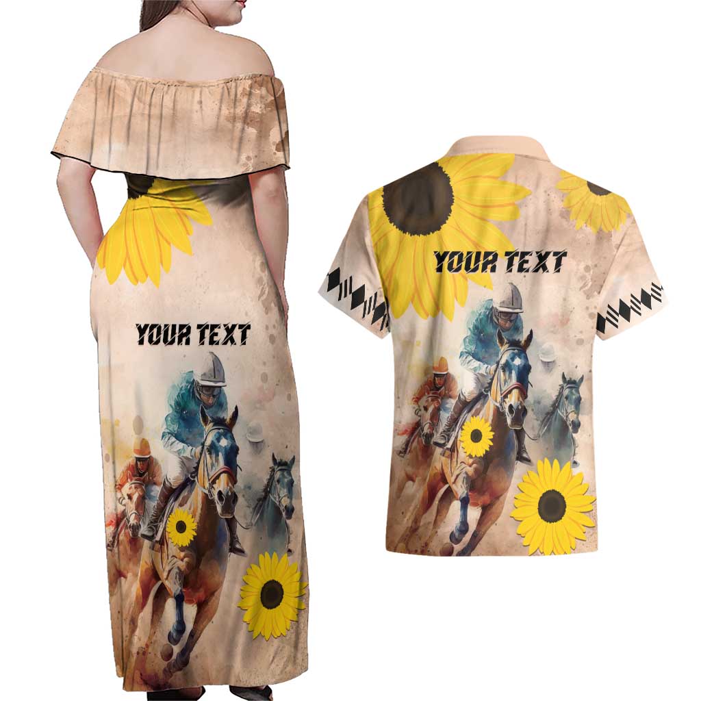 Personalized Preakness Horse Racing Couples Matching Off Shoulder Maxi Dress and Hawaiian Shirt Run for the Black Eyed Susans