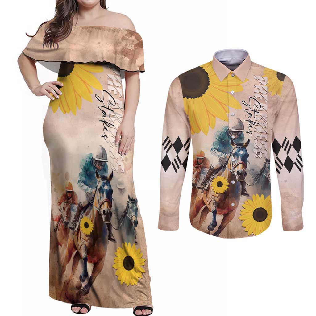 Personalized Preakness Horse Racing Couples Matching Off Shoulder Maxi Dress and Long Sleeve Button Shirt Run for the Black Eyed Susans