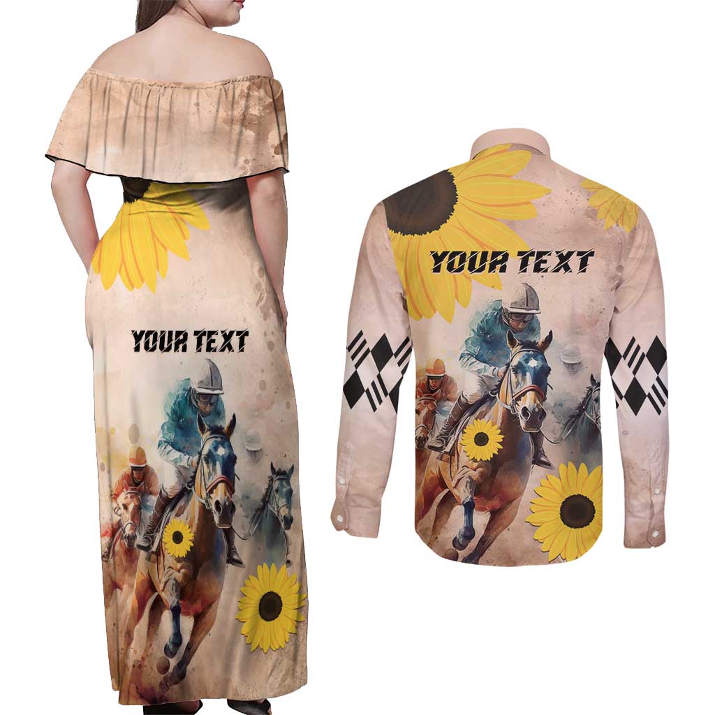 Personalized Preakness Horse Racing Couples Matching Off Shoulder Maxi Dress and Long Sleeve Button Shirt Run for the Black Eyed Susans