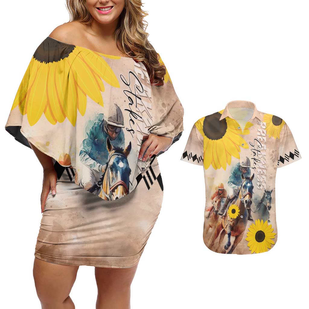 Personalized Preakness Horse Racing Couples Matching Off Shoulder Short Dress and Hawaiian Shirt Run for the Black Eyed Susans