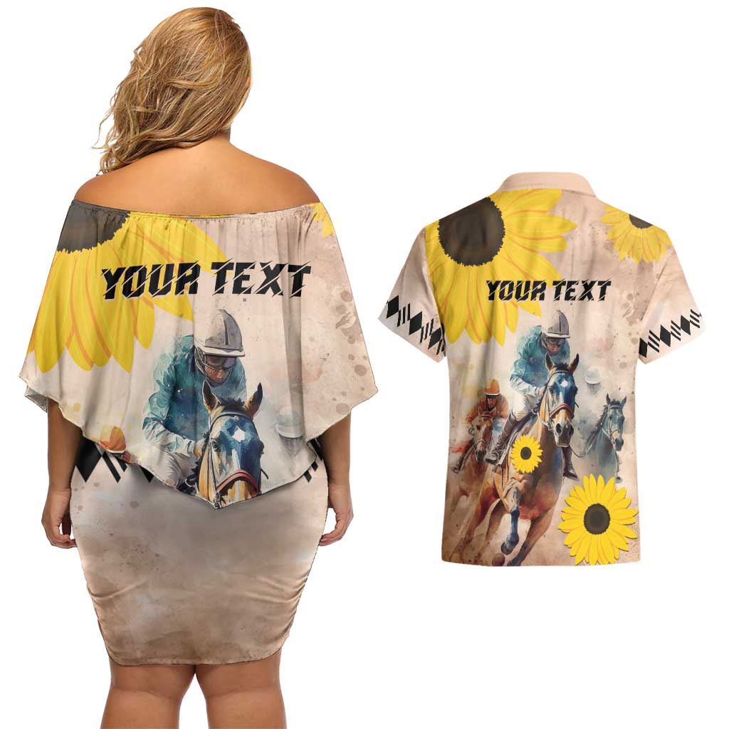 Personalized Preakness Horse Racing Couples Matching Off Shoulder Short Dress and Hawaiian Shirt Run for the Black Eyed Susans