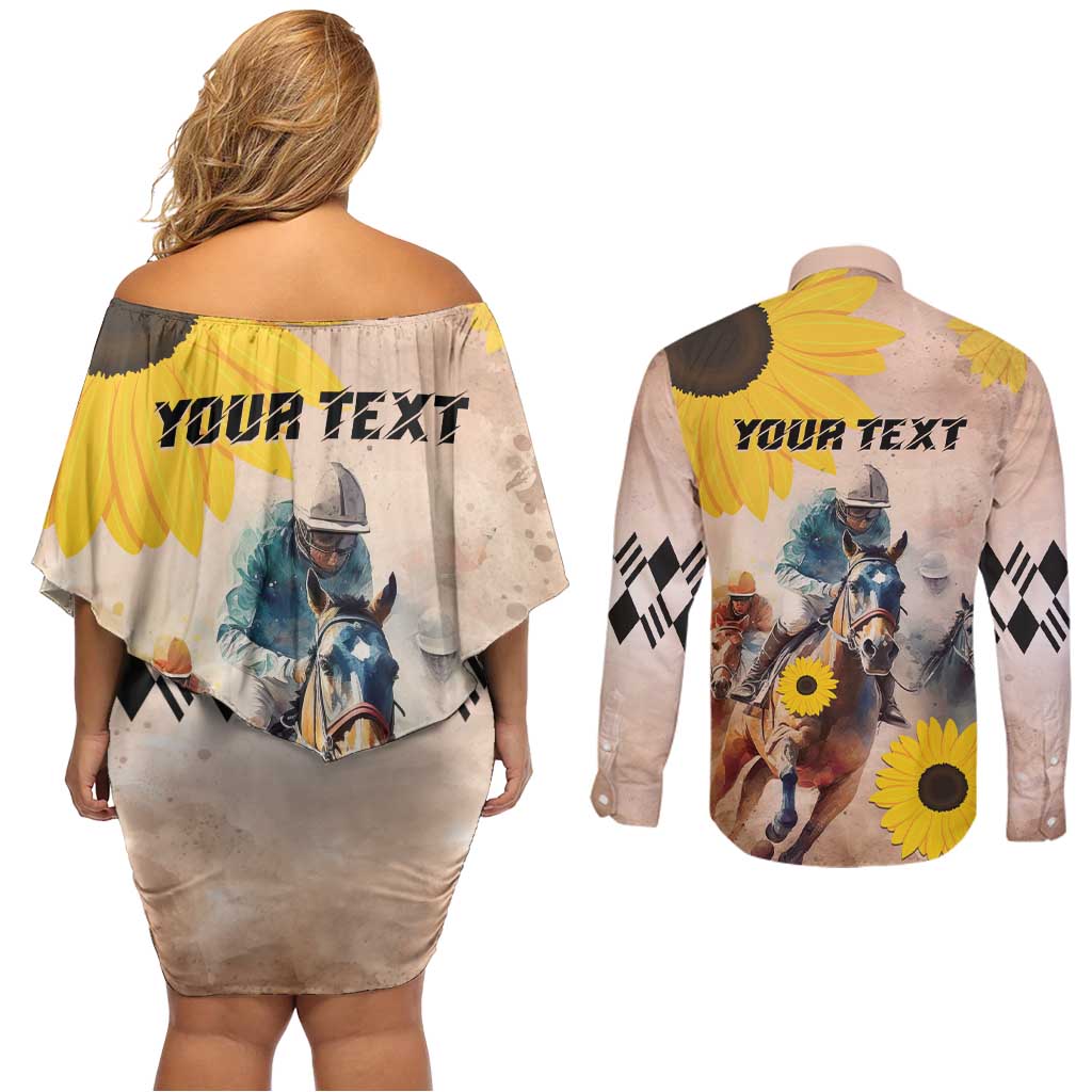 Personalized Preakness Horse Racing Couples Matching Off Shoulder Short Dress and Long Sleeve Button Shirt Run for the Black Eyed Susans