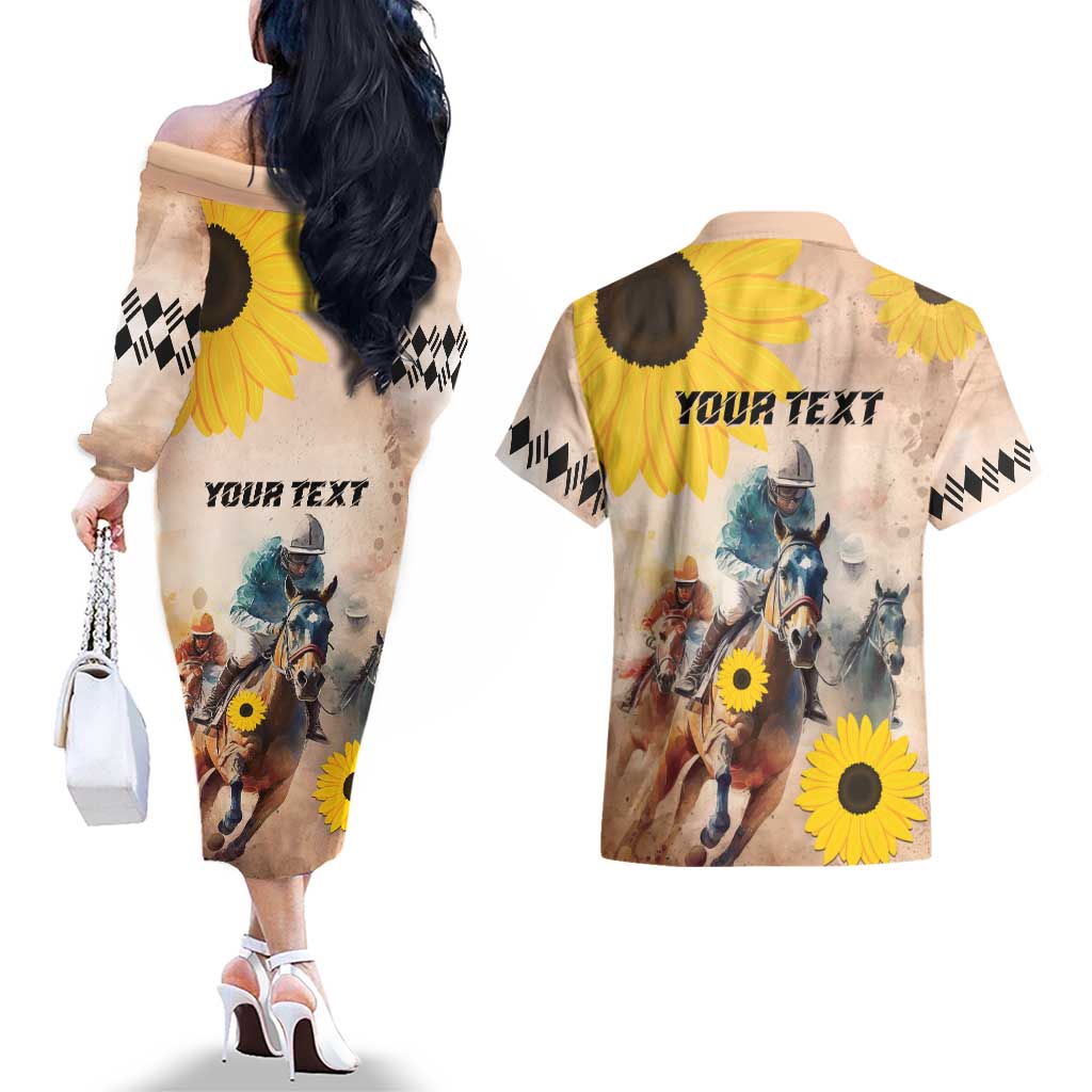 Personalized Preakness Horse Racing Couples Matching Off The Shoulder Long Sleeve Dress and Hawaiian Shirt Run for the Black Eyed Susans