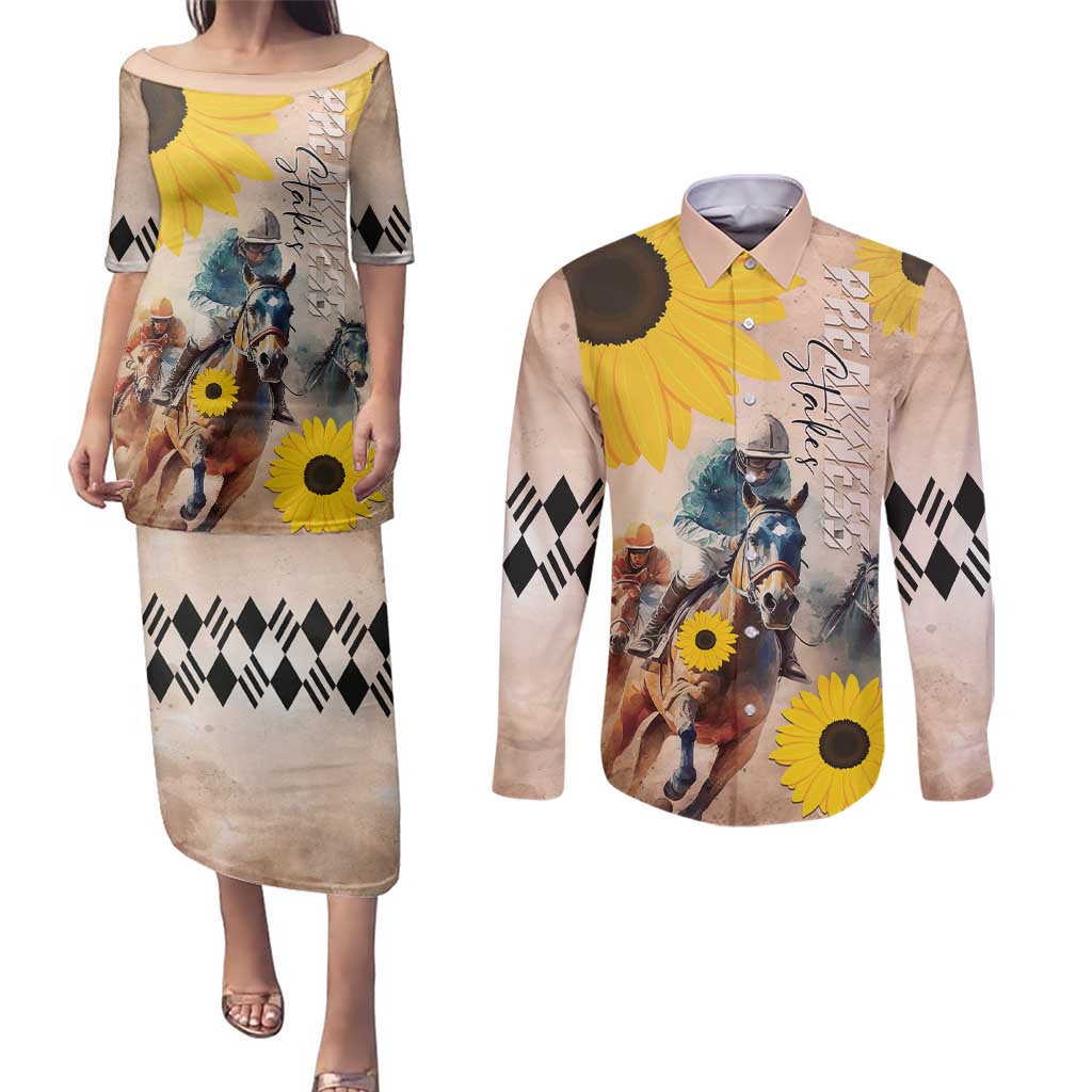 Personalized Preakness Horse Racing Couples Matching Puletasi and Long Sleeve Button Shirt Run for the Black Eyed Susans
