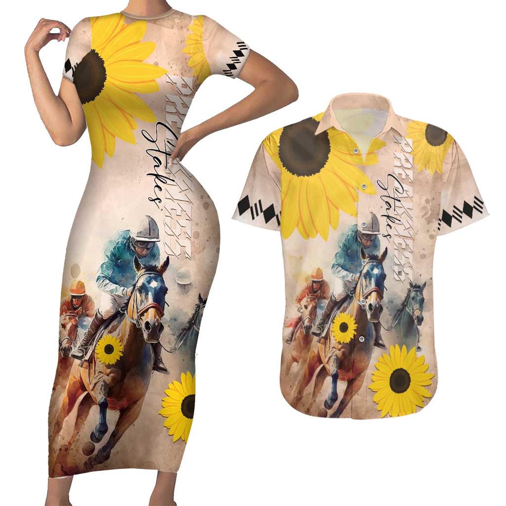 Personalized Preakness Horse Racing Couples Matching Short Sleeve Bodycon Dress and Hawaiian Shirt Run for the Black Eyed Susans