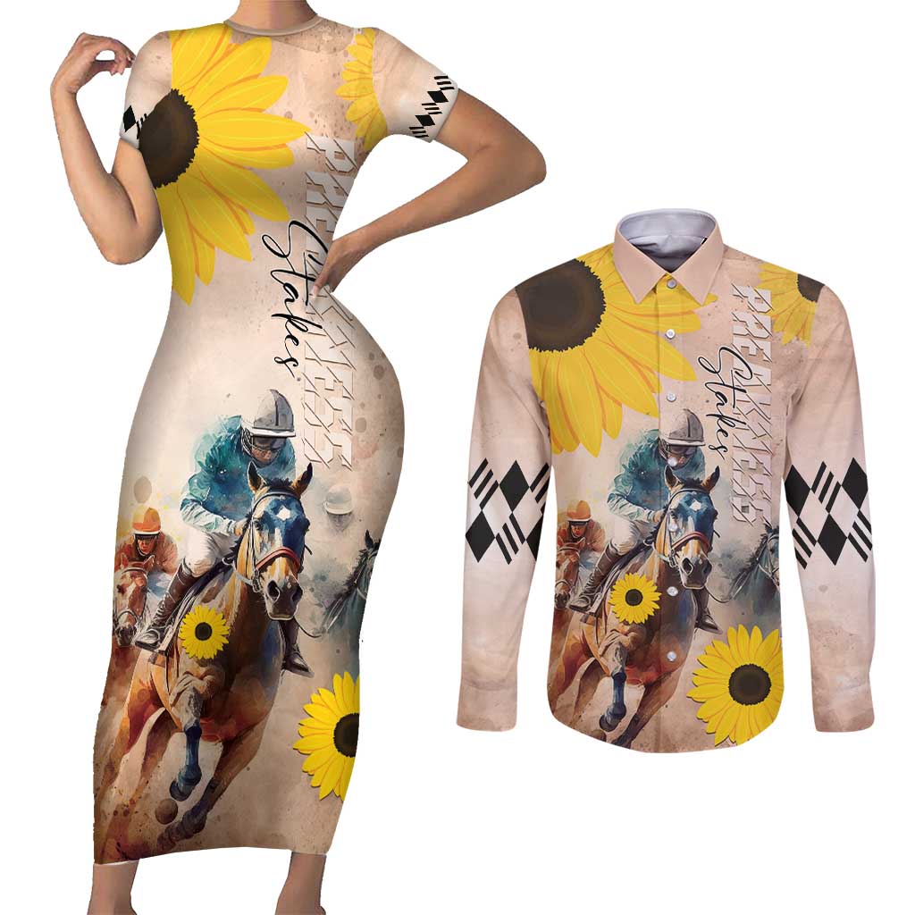 Personalized Preakness Horse Racing Couples Matching Short Sleeve Bodycon Dress and Long Sleeve Button Shirt Run for the Black Eyed Susans
