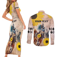 Personalized Preakness Horse Racing Couples Matching Short Sleeve Bodycon Dress and Long Sleeve Button Shirt Run for the Black Eyed Susans