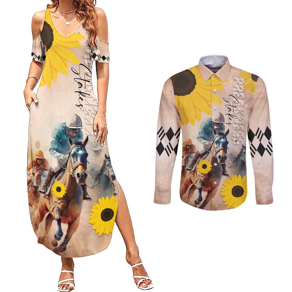 Personalized Preakness Horse Racing Couples Matching Summer Maxi Dress and Long Sleeve Button Shirt Run for the Black Eyed Susans