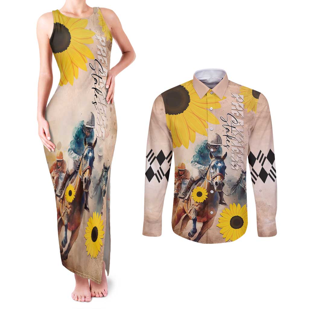 Personalized Preakness Horse Racing Couples Matching Tank Maxi Dress and Long Sleeve Button Shirt Run for the Black Eyed Susans