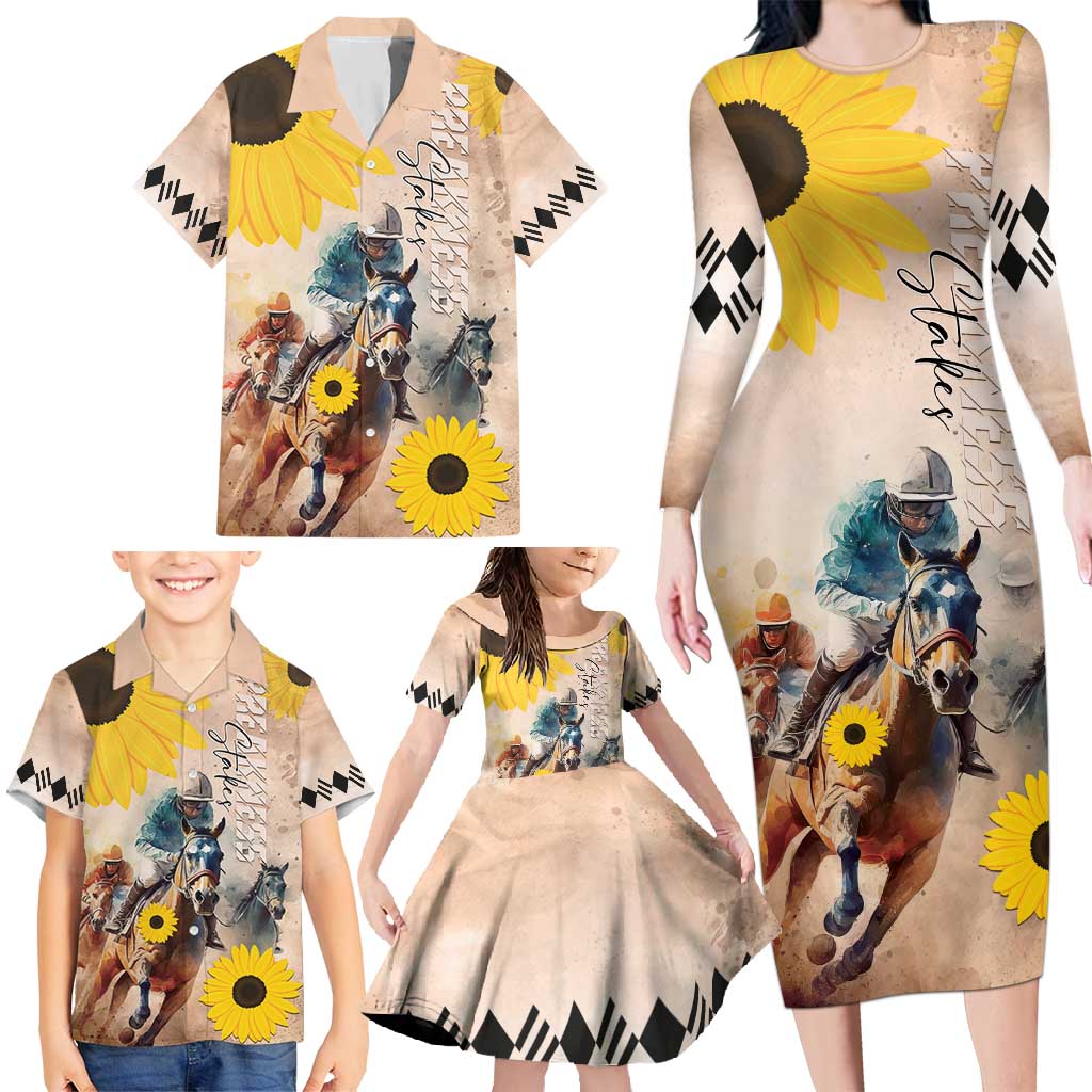 Personalized Preakness Horse Racing Family Matching Long Sleeve Bodycon Dress and Hawaiian Shirt Run for the Black Eyed Susans