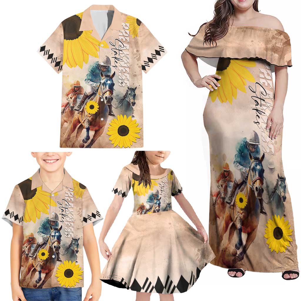 Personalized Preakness Horse Racing Family Matching Off Shoulder Maxi Dress and Hawaiian Shirt Run for the Black Eyed Susans