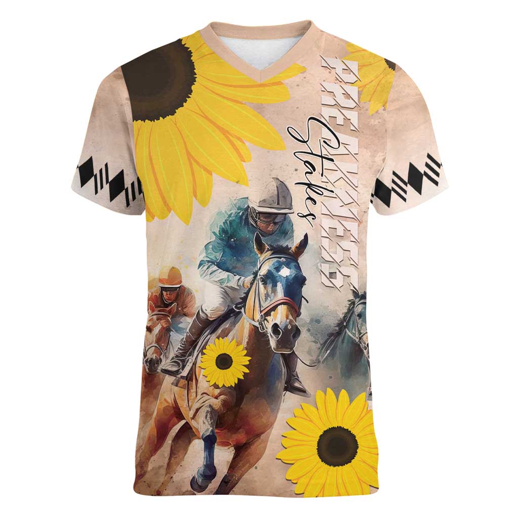 Personalized Preakness Horse Racing Women V-Neck T-Shirt Run for the Black Eyed Susans