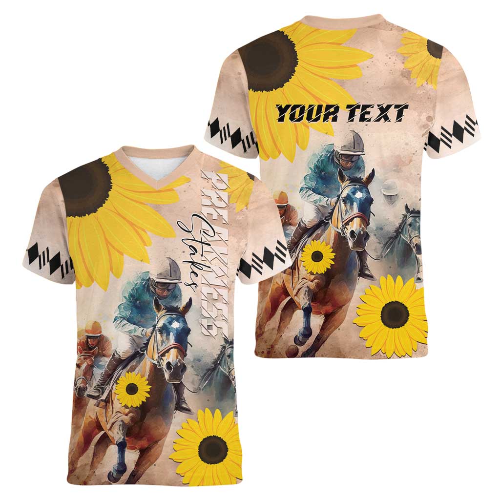 Personalized Preakness Horse Racing Women V-Neck T-Shirt Run for the Black Eyed Susans