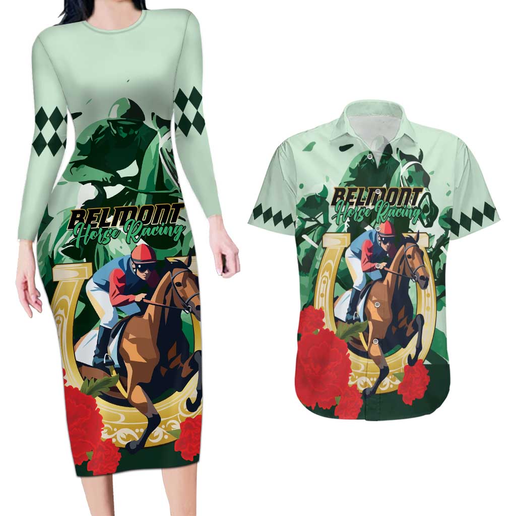 Personalized Belmont Horse Racing Couples Matching Long Sleeve Bodycon Dress and Hawaiian Shirt The Test of the Champion