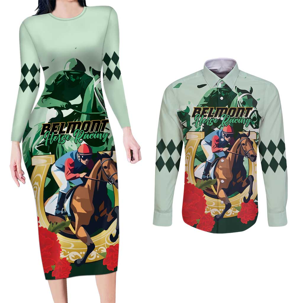 Personalized Belmont Horse Racing Couples Matching Long Sleeve Bodycon Dress and Long Sleeve Button Shirt The Test of the Champion