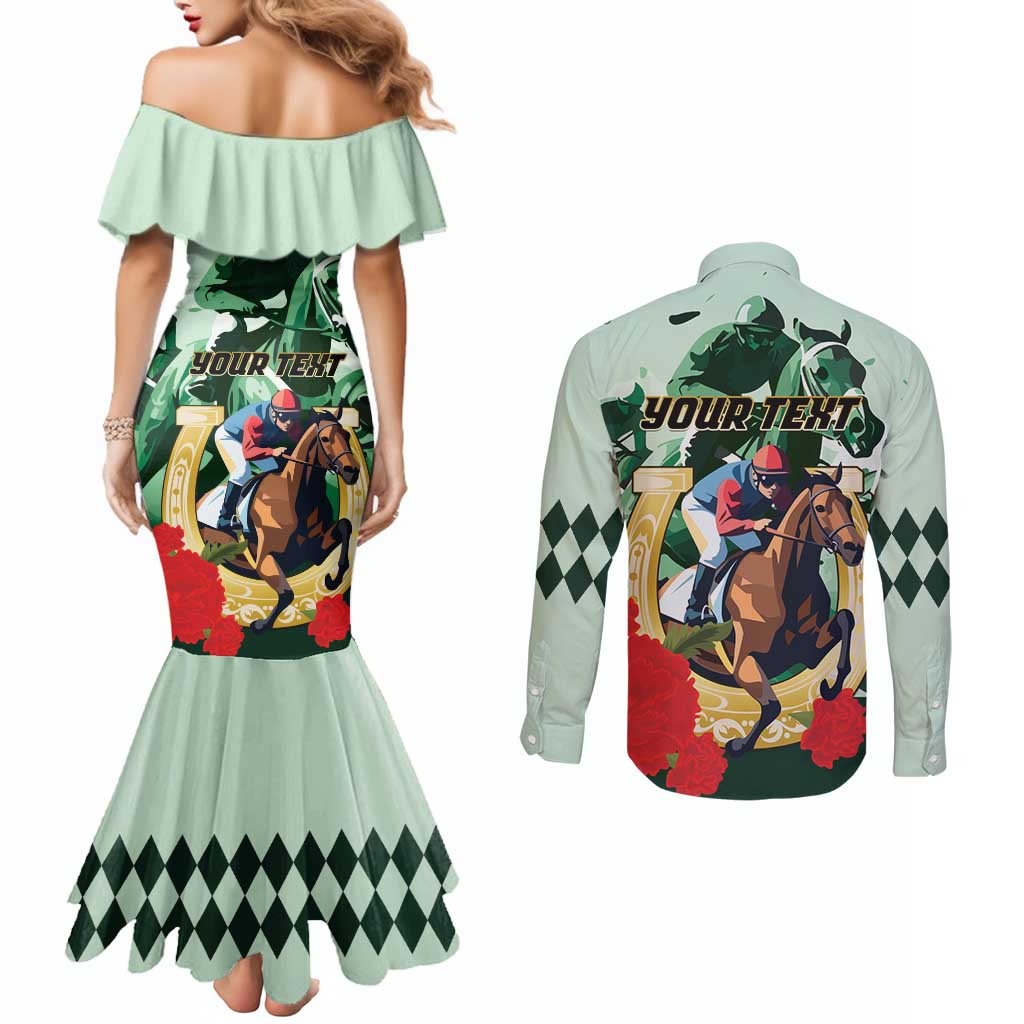 Personalized Belmont Horse Racing Couples Matching Mermaid Dress and Long Sleeve Button Shirt The Test of the Champion