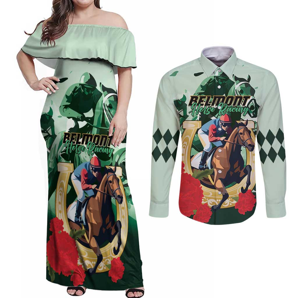 Personalized Belmont Horse Racing Couples Matching Off Shoulder Maxi Dress and Long Sleeve Button Shirt The Test of the Champion